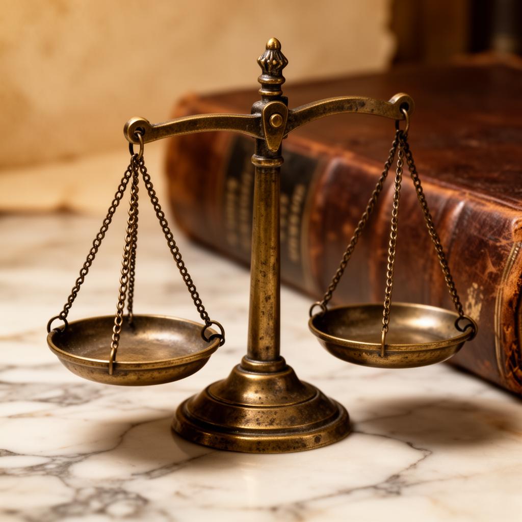 Brass scales of justice on marble beside a leather-bound legal volume