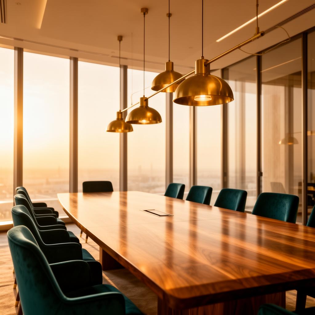 Sunlit modern boardroom with brass pendants and emerald chairs